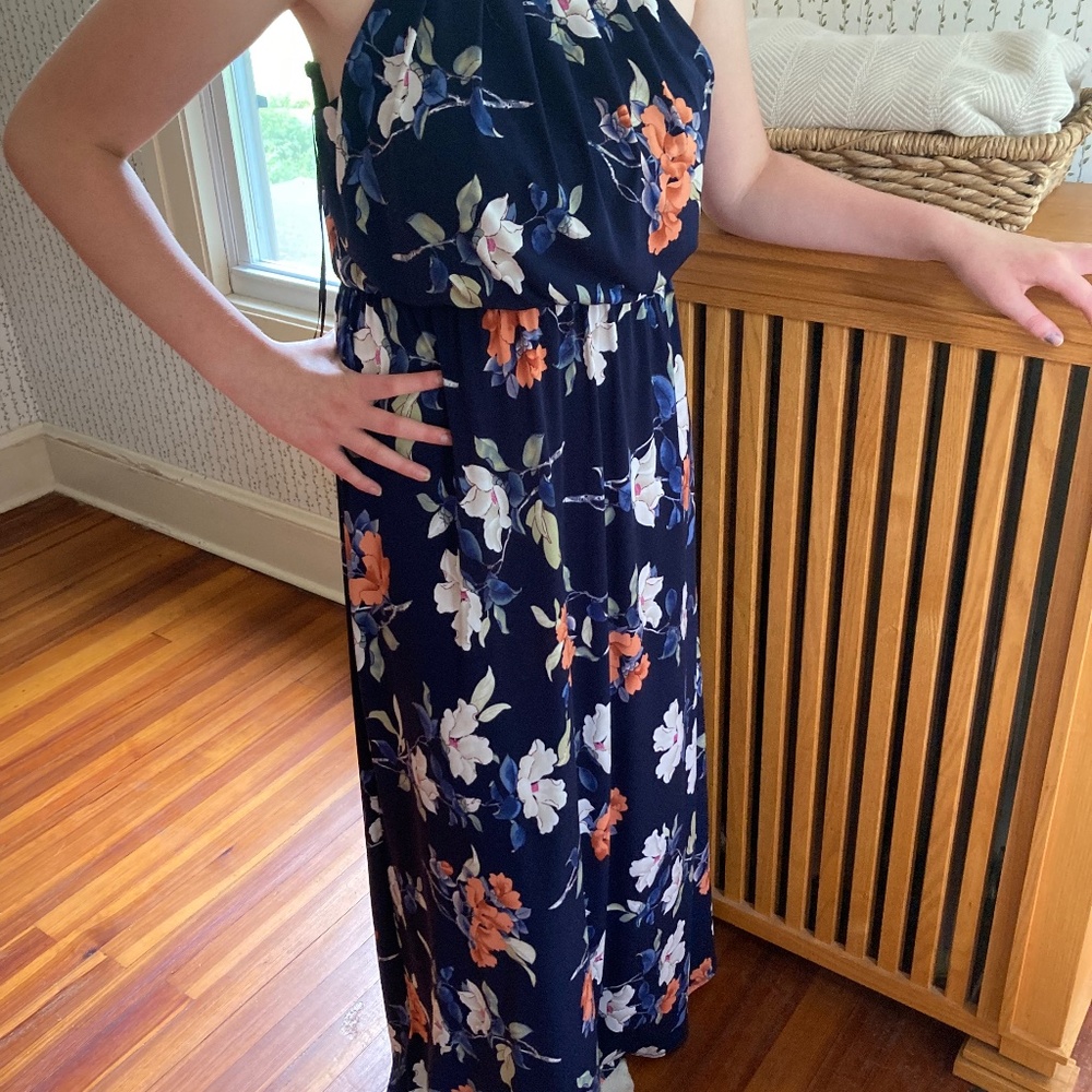 Navy floral later maxi LG with cinch waste